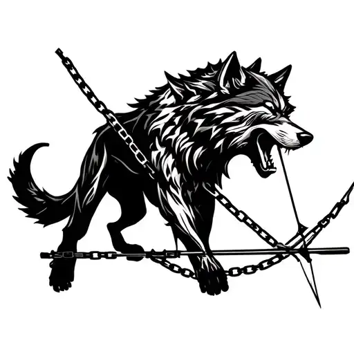 a powerful wolf biting the chain and with a bow and arrow under its body tattoo design idea
