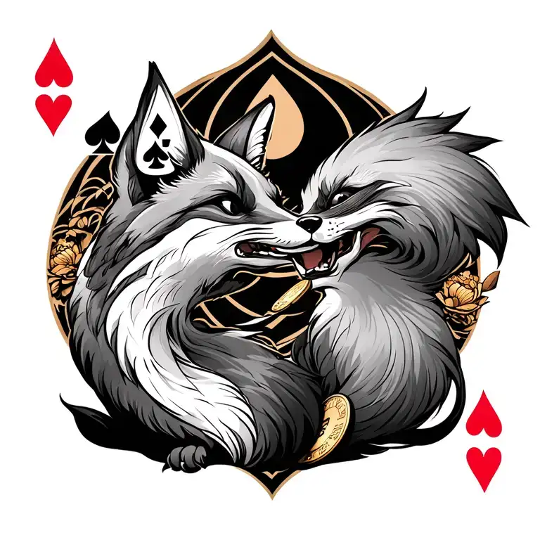 Traditional japanese style tatoo in grey featuring a fox flipping a coin with an Ace of hearts in the background. tattoo design idea