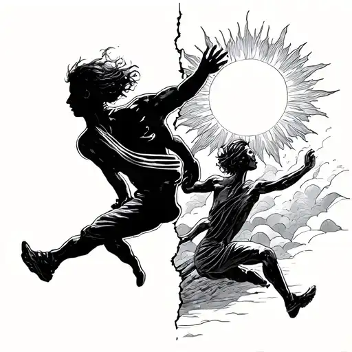 Single person being split with one part of themselves chasing their shadow and the other chasing the sun tattoo design idea