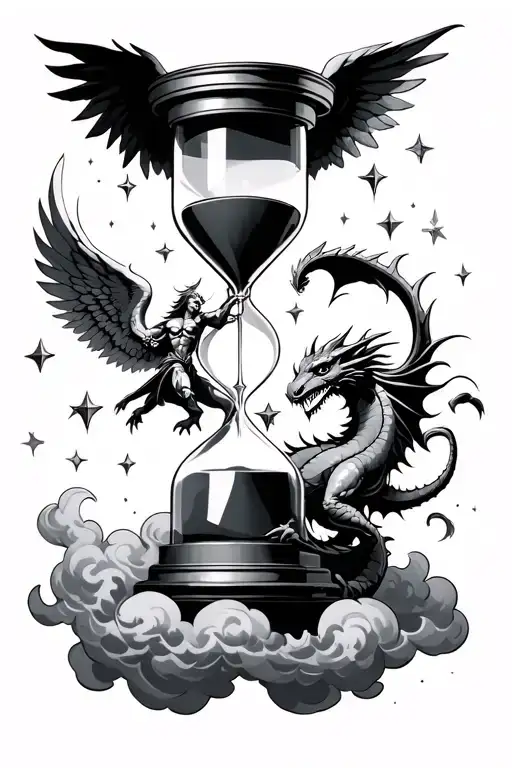 clouds and stars with a hourglass, a angel warrior fighting a dragon tattoo design idea