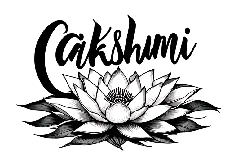 the word lakshmi in fine line cursive and then a lotus flower incorporated into that tattoo design idea