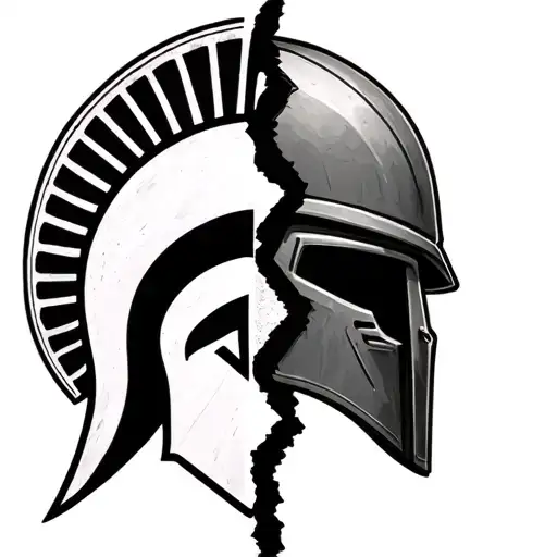 peace sign split in half and spartan helmet also split in half, both connect tattoo design idea