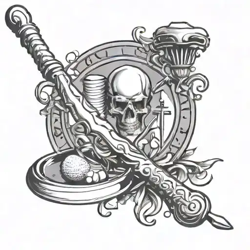 Capital S with tennis racket, golf club, chef's knife, and bible around it  tattoo design idea