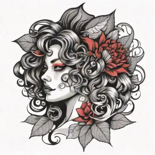 tattoo design of A young woman with pale skin, dark curly hair, and a large red flower in her hair. She has dramatic eye tattoo design idea
