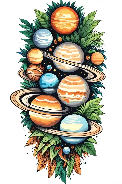 planets jungle and spirituality tattoo design idea