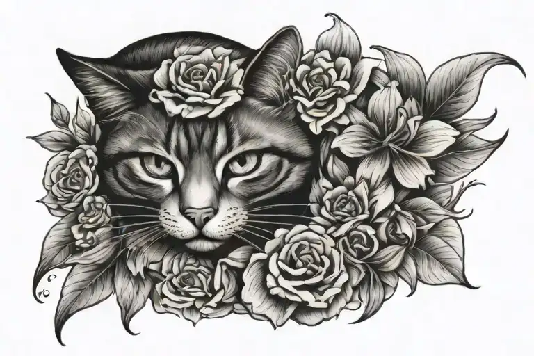 cat, flower, feminine, neo traditional, hyper realism tattoo design idea