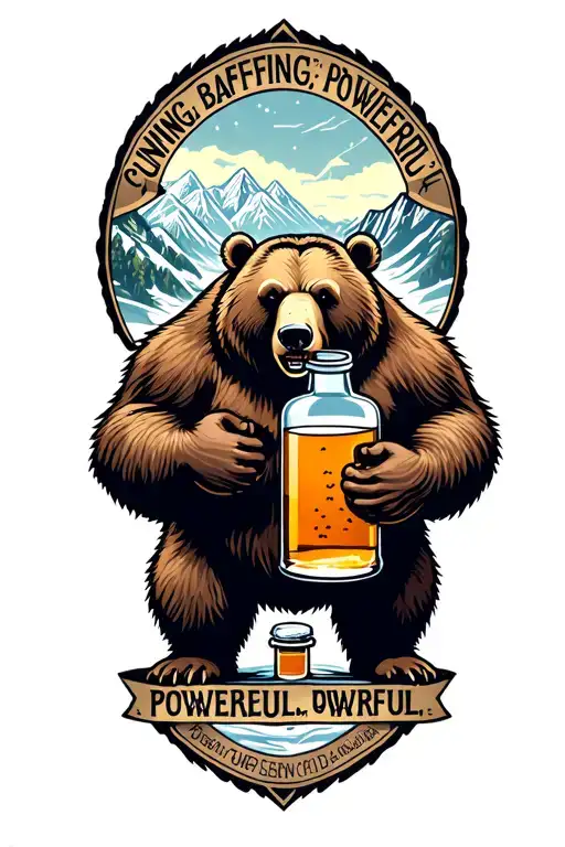 "Cunning, Baffling, Powerful. " grizzly bear standing with a foot crushing a whiskey jug with mountains in the background little bit of snow on the moun tattoo design idea