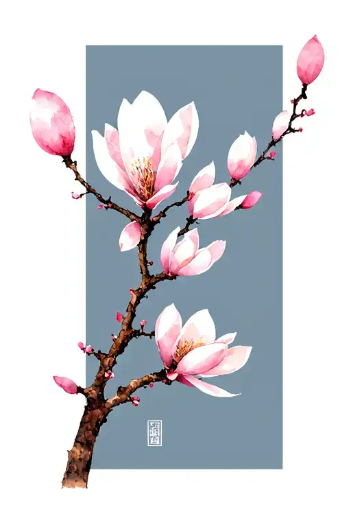 A Japanese-inspired illustration featuring a delicate branch adorned with vertically arranged soft pink magnolia blossom tattoo design idea