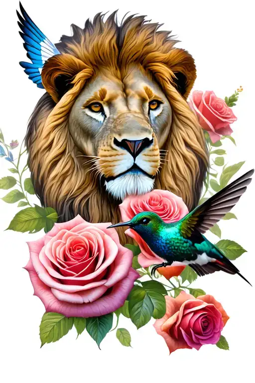 Lion Head and humming bird flying 4 roses surrounded tattoo design idea