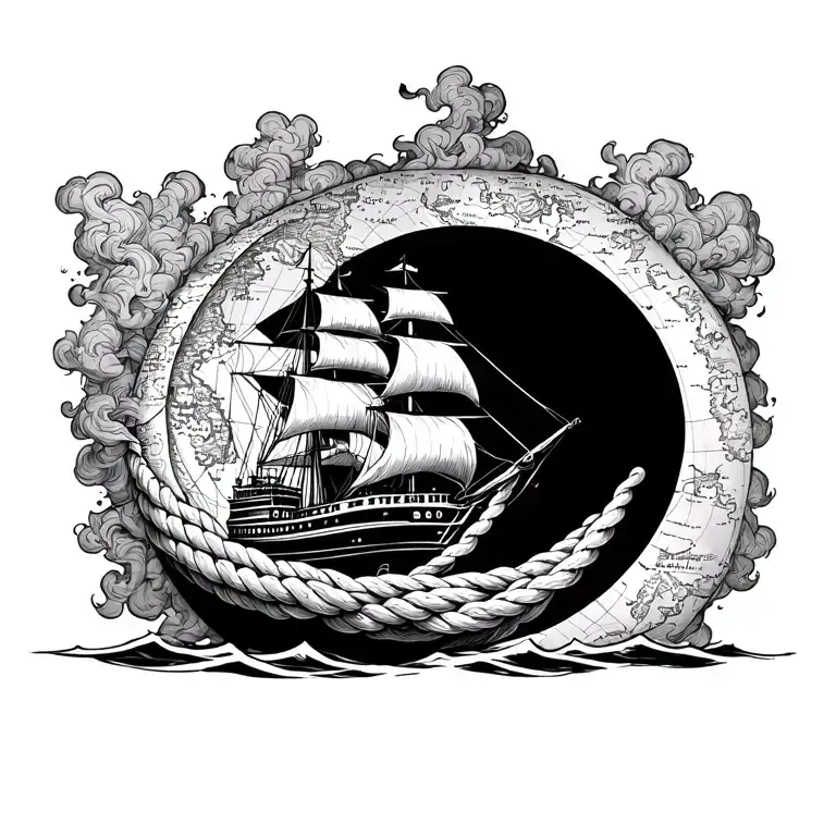 ship fading into smoke forming a coiled rope intertwined with a half moon outlined by a nautical map tattoo design idea