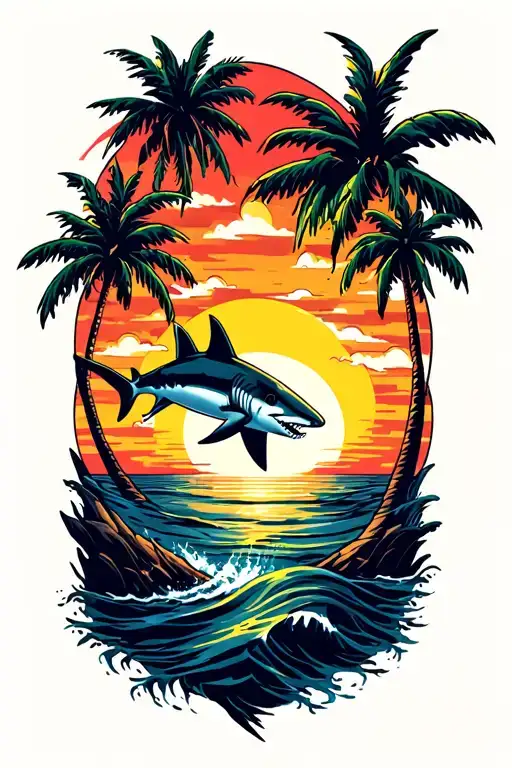 palm trees and sunset scene with shark jumping tattoo design idea