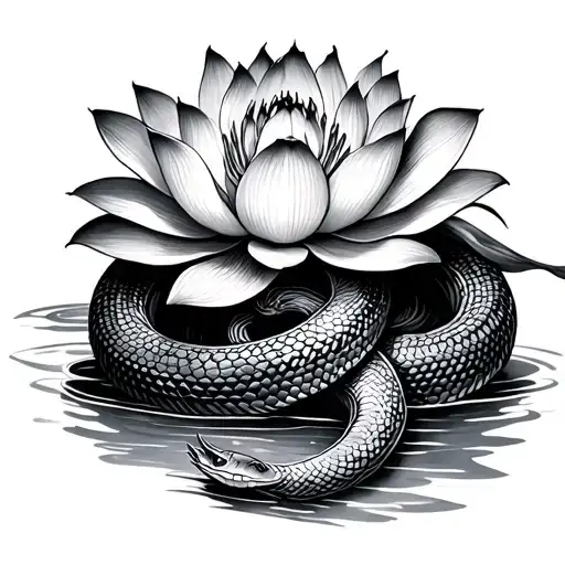 snake protecting lotus flower feminine  tattoo design idea