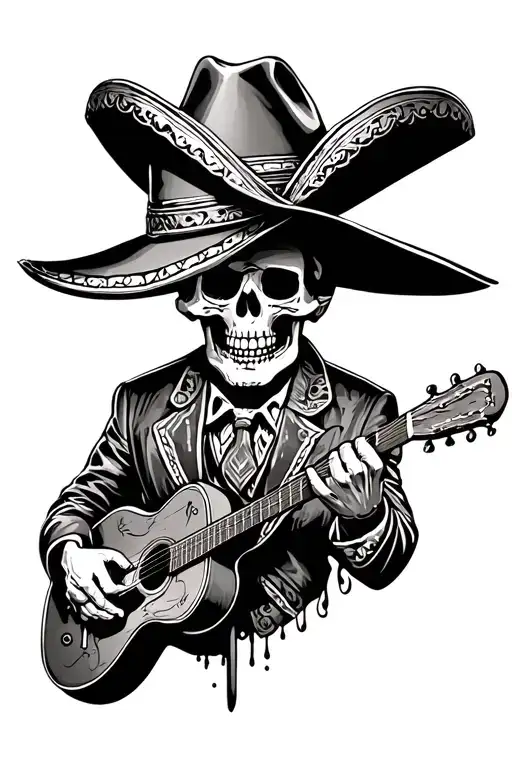 skeleton mariachi skull with hat tattoo design idea