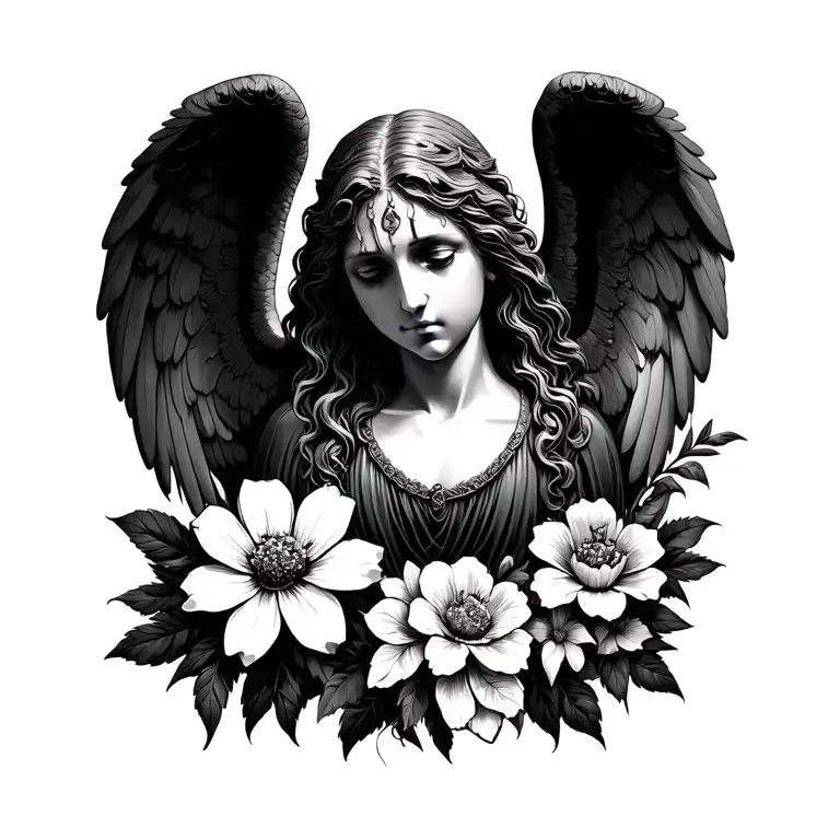 Weeping Angel and flower blooming tattoo design idea