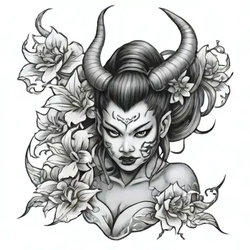 Japanese oni demon girl with flowers blooming tattoo design idea