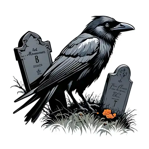 crow in graveyard scene with tombstones tattoo design idea