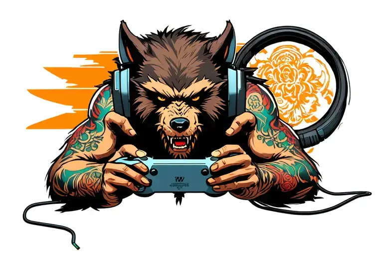 Werewolf playing video games with headset headphones connected tattoo design idea