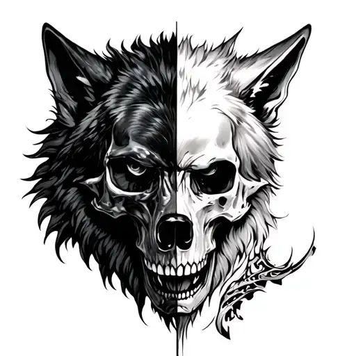 half skull half wolf face made tattoo design idea