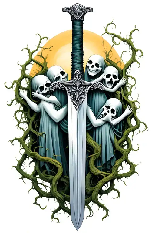 sword with vines wrapped and ghosts hugging on top tattoo design idea