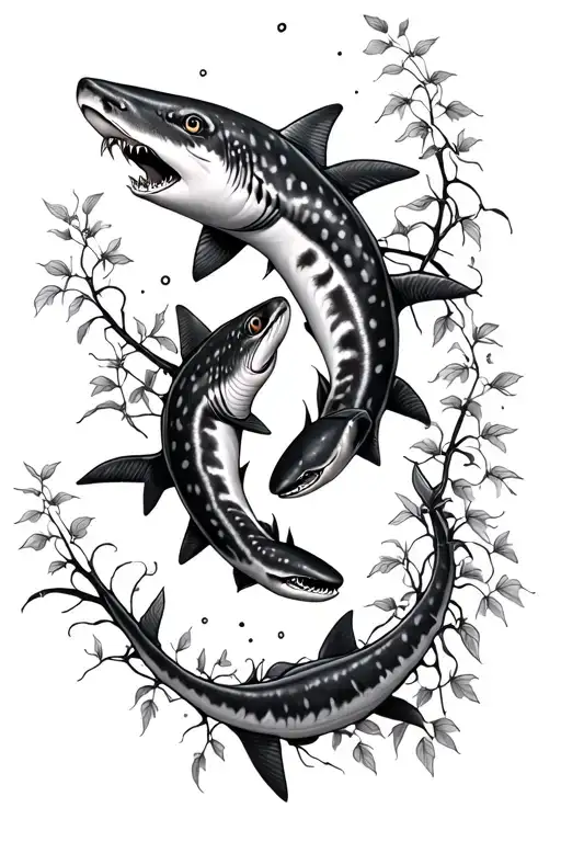 2 leopard sharks swimming towards each other with poison ivy vines and flowers  tattoo design idea