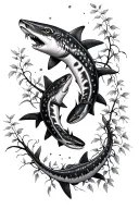 2 leopard sharks swimming towards each other with poison ivy vines and flowers  tattoo design idea