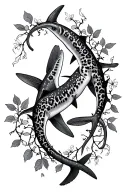 2 leopard sharks swimming towards each other with poison ivy vines and flowers  tattoo design idea