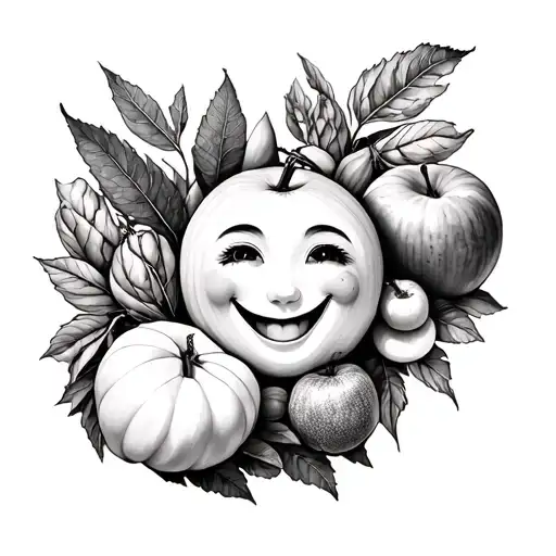 Black and white, grey shaded, whole leg tatoo, with a diffrent array of realistic fruit and vegetables with smiling face tattoo design idea