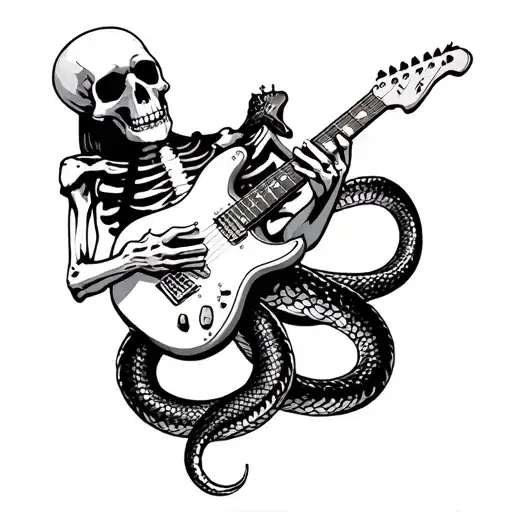 skeleton playing electric guitar with snake intertwined tattoo design idea