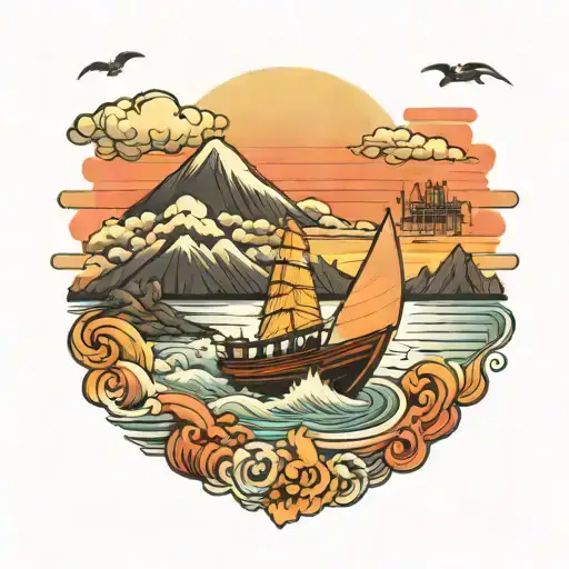 outrun sunset scene with boat sailing tattoo design idea