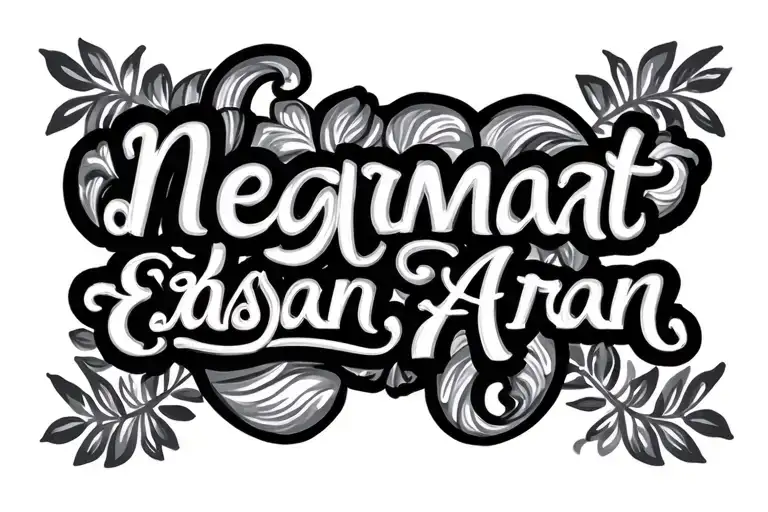 big family text and then names around with cursive, the names: Negar, Rahmat, Ehsan and Aran  tattoo design idea