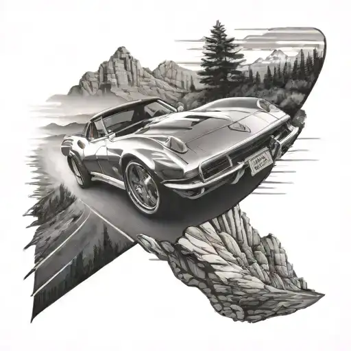 A detailed arm tattoo showcasing a sleek Chevrolet Corvette c2 winding through a scenic mountain road overlooking a shim tattoo design idea