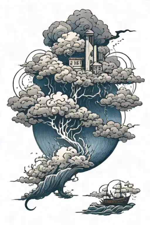 powerful thunderstorm over the sea, black and white with splashes of dark blue tattoo design idea