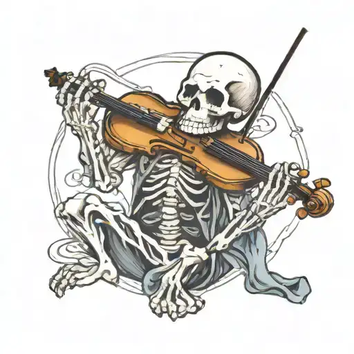 sad skeleton playing violin tattoo design idea