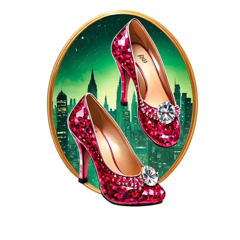 two sparkling ruby slippers with no heel with emerald city in the background tattoo design idea