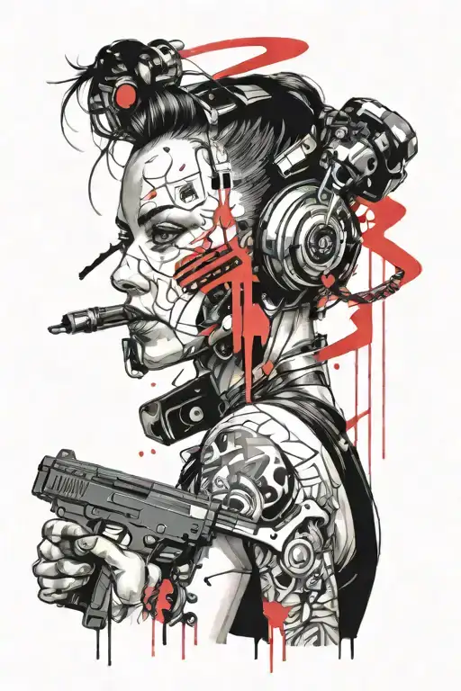 woman, half face, half robot, pistol, neon lights, cyberpunk 2077  tattoo design idea