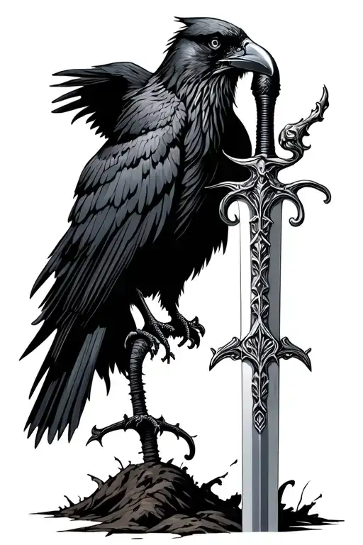 long sword stuck in ground raven perched on handle tattoo design idea