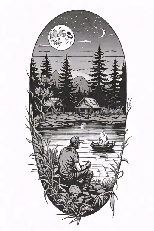 Man, woman, child, sitting at campfire overlooking lake. Trees and mountains in background. Moon. Scorpion in tall grass tattoo design idea