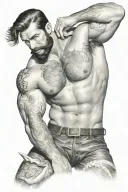 gay, hairy, muscle, male pinup, beard, big bulge, tom of finland style, nautical merman style tattoo design idea