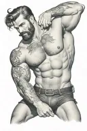 gay, hairy, muscle, male pinup, beard, big bulge, tom of finland style, nautical merman style tattoo design idea