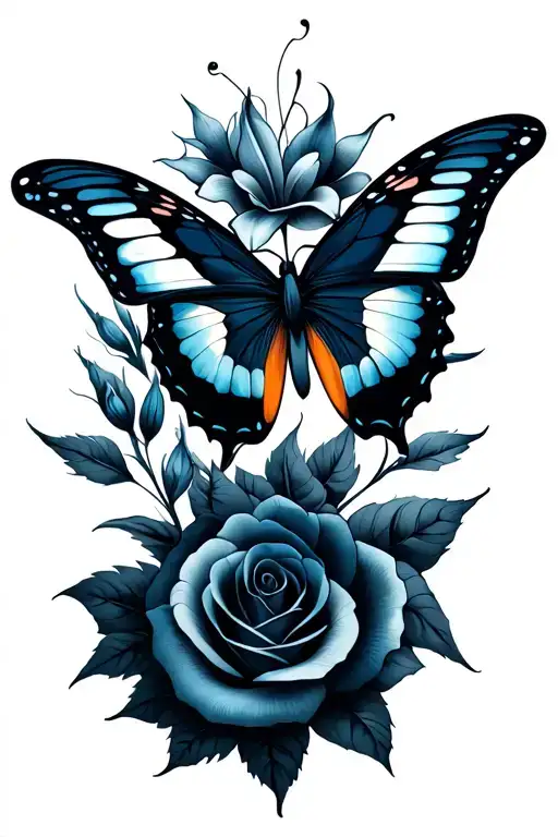 “Create a custom tattoo concept sheet combining three designs: a butterfly, navy-colored roses, and black & gray lilies. tattoo design idea