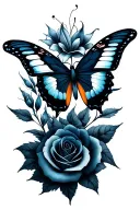 “Create a custom tattoo concept sheet combining three designs: a butterfly, navy-colored roses, and black & gray lilies. tattoo design idea
