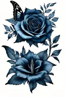 “Create a custom tattoo concept sheet combining three designs: a butterfly, navy-colored roses, and black & gray lilies. tattoo design idea