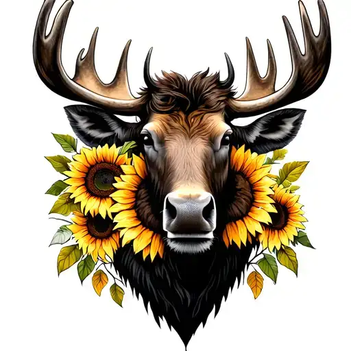 Moose Head with sunflowers and  tattoo design idea