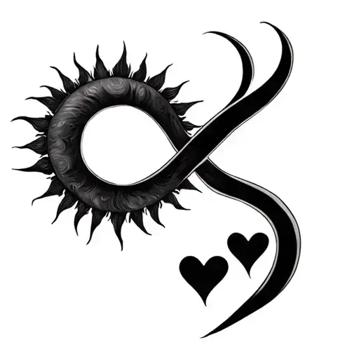 Infinity sun with a proper one side and three hearts on the others tattoo design idea
