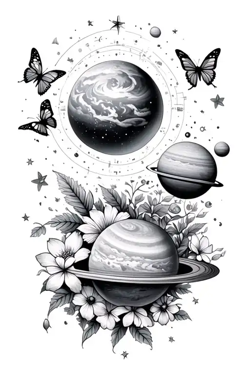 solar system with stars and planets butterflies and flowers tattoo design idea