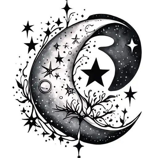 A celestial tattoo design featuring a crescent moon (symbolizing femininity and intuition) with a star cluster shaped like the constellation Aries (representing your mom's birthday on April 12), to symbolize her connection to the divine tattoo design idea