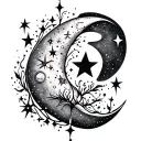 A celestial tattoo design featuring a crescent moon (symbolizing femininity and intuition) with a star cluster shaped like the constellation Aries (representing your mom's birthday on April 12), to symbolize her connection to the divine tattoo design idea