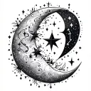 A celestial tattoo design featuring a crescent moon (symbolizing femininity and intuition) with a star cluster shaped like the constellation Aries (representing your mom's birthday on April 12), to symbolize her connection to the divine tattoo design idea