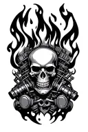 supercharge v8 engine ,with flames and flaming skull tattoo design idea