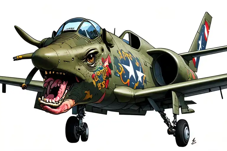 air force a10 warthog tattoo with painted face on the front of the plane and front facing  tattoo design idea